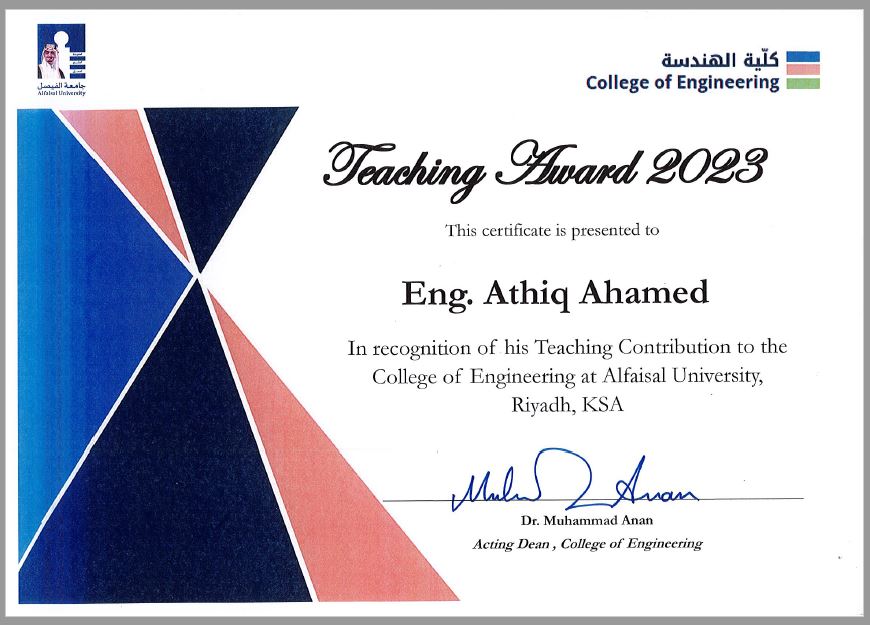 Teaching AWARD 2023 	(Instructors rank: Eng. Athiq Ahamed)